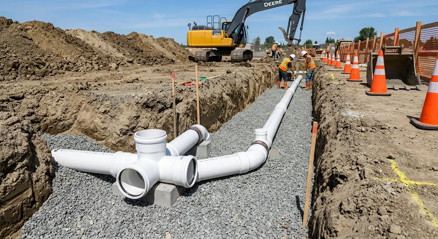 New PVC sewer pipe installation in open trench for Sewer Backup in Waterbury