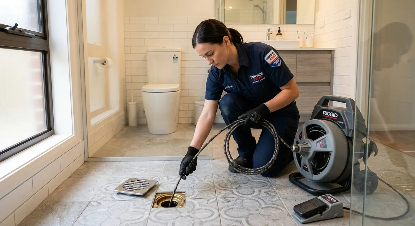 Technician clearing a bathroom floor drain for Drain Cleaning in Waterbury